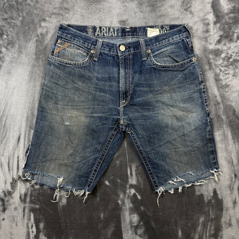 Ariat Denim Shorts Mens 36 Blue Good Cut Off Raw Hem Low Rise Western Distressed